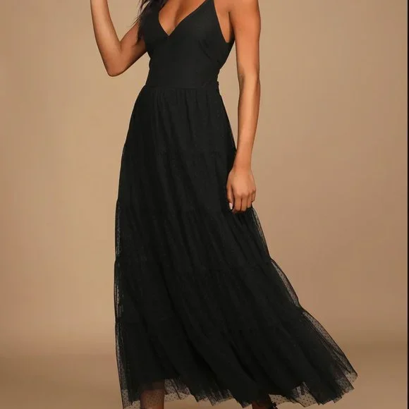 Made to be Magical Black Dotted Tie-Back Tiered Midi Dress - Picture 1 of 5